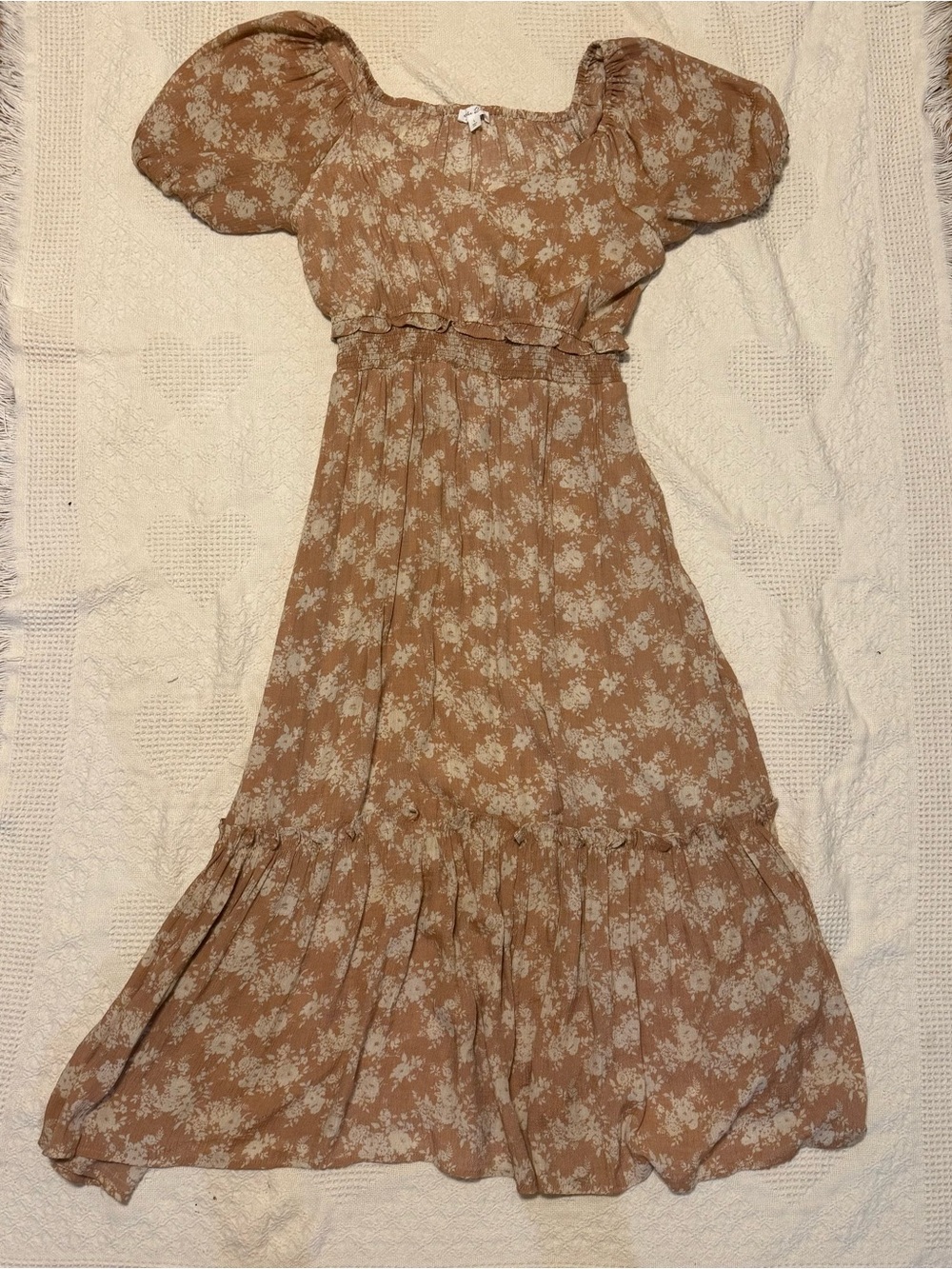 The River Floral Puff Sleeve Smocked Midi Dress Brown Tan Cottagecore Large